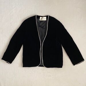 Lillie Rubin | Velvet Velour Open Front Satin Trim Lined Jacket Black/White